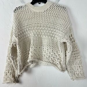 Zara Sweater Pullover Crew Neck Pointelle Knit‎ Crochet Woven Loom Cream Ivory